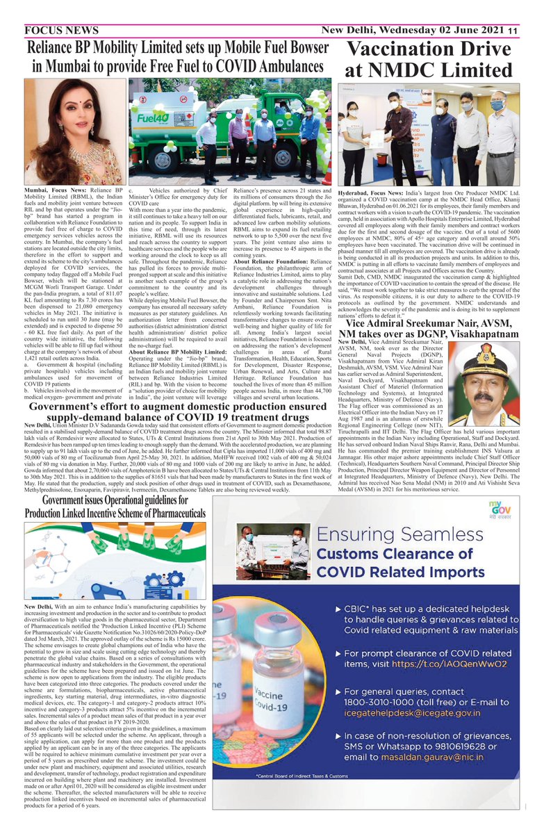 Focus News Fnind English Page Of Focusnews 02nd June 21 Reliancegroup Ril Foundation Flameoftruth