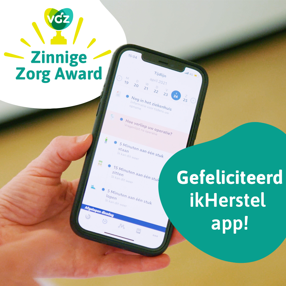 <a href="/amsterdamumc/">Amsterdam UMC</a>, locatie VUmc heeft vandaag de gouden Zinnige Zorg Award gewonnen, met het initiatief <a href="/IHerstel/">ikHerstel - de eHealth app voor sneller herstel</a>! Vanavond zijn zij tijdens de finale tot winnaar verkozen door een vierkoppige jury die de zorg, patiënten en VGZ vertegenwoordigen. Lees meer op: cooperatievgz.nl/cooperatie-vgz…