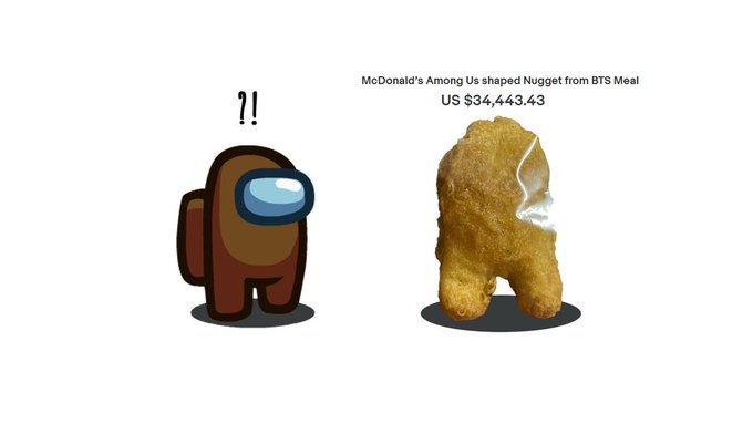 McDonald’s Among Us shaped Nugget from BTS Meal standing next to a Brown Crewmate with "?!" over their head
