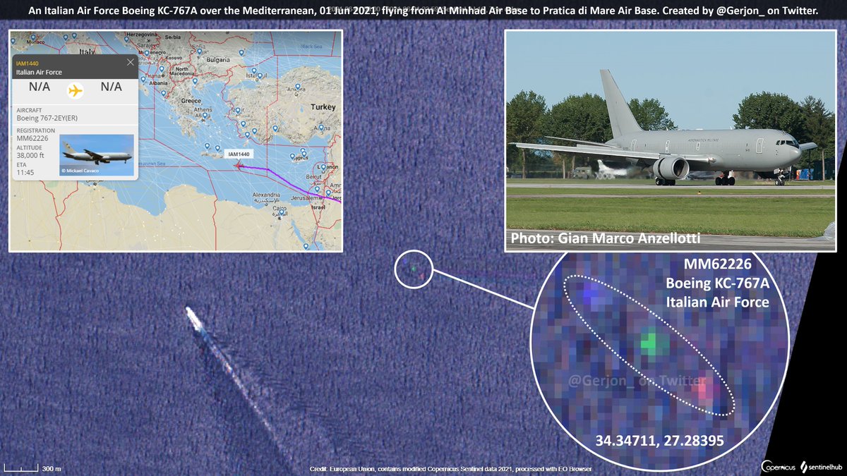 Gerjon_'s tweet photo. A single Italian Air Force Boeing KC-767A tanker (reg. 🇮🇹MM62226) flying from 🇦🇪Al Minhad Air Base, UAE to 🇮🇹Pratica di Mare Air Base, Italy, as #IAM1440, spotted just SE of 🇬🇷#Crete, #Greece earlier today, spotted on 🛰️Sentinel-2 satellite imagery.
Cc. @ItaMilRadar https://t.co/gQohdQ4U5k