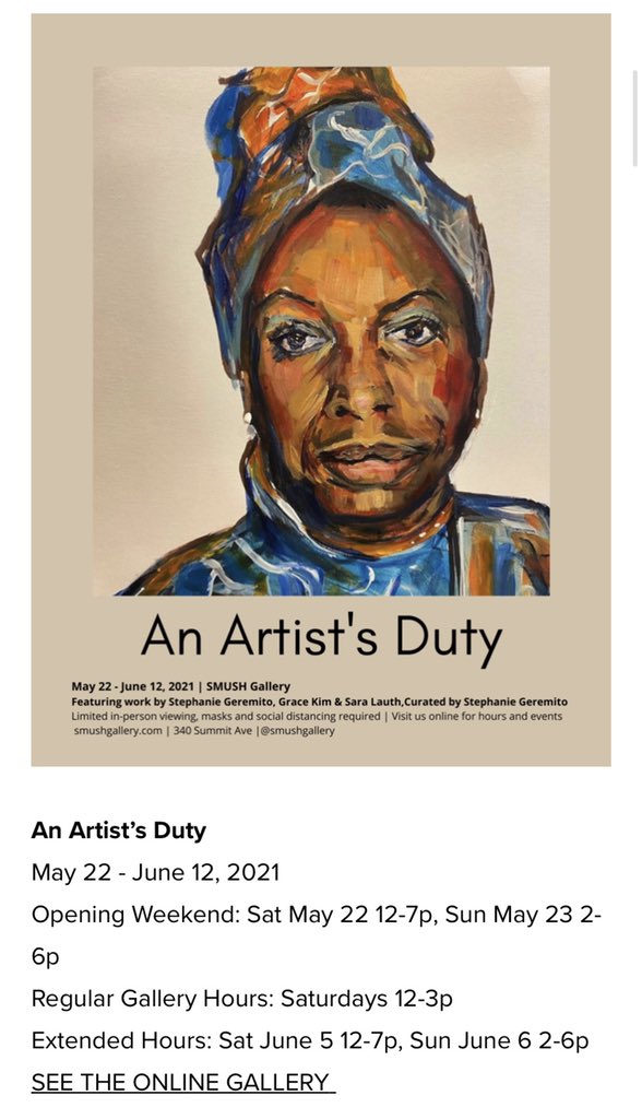 SGeremito's tweet photo. singing, dancing and celebrating the cause from 6pm-7pm!
 To RSVP/donate visit: 
https://t.co/oqiMwSfeCf
An Artist’s Duty @smushgallery 
Sat June 5 12-7p, Sun June 6 2-6p 
 #womenshistory #blm #civilrightsactivist #ClimateAction #artexhibition #socialactivism #lgbtqrights https://t.co/hUMycpgopG