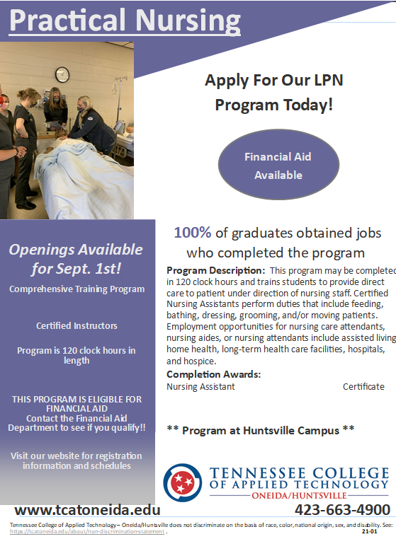 TCATOneida's tweet image. OPENINGS AVAILABLE: We still have seats available for our next LPN class starting September 1st! If you are interested, apply now and sign up for one of our HESI exams given every Wednesday at 8:00AM and at 12:00. Call our office at 423-663-4900 for more information.