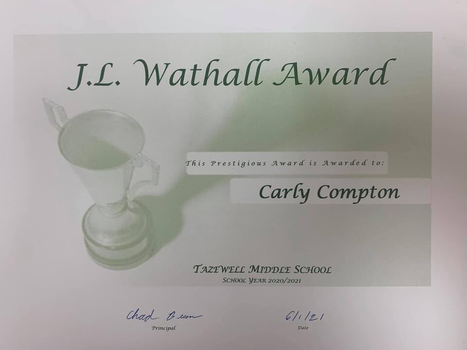 TazewellMiddle's tweet photo. Congratulations to the 6th grade J.L. Walthall Award winners, Carly Compton and Chase Noel! https://t.co/CUzGfQNPbx