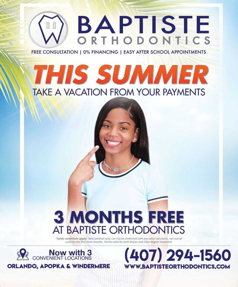 ATTENTION NEW PATIENTS! Take a vacation from your payments this summer. Baptiste Orthodontics is offering 3 months FREE to new patients for braces and clear aligner treatment. For more information please visit ow.ly/3gnq50F0wxD