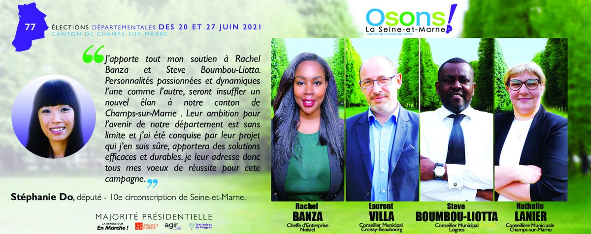 OsonsChamps's tweet photo. 🇫🇷 #ÉLECTIONSDÉPARTEMENTALES
des 20 et 27/06/2021
@DoStephanie_77, #JeanMichelfauvergue et @CCastaner soutiennent le projet #OsonslaSeineetMarne porté par #RachelBanza, #LaurentVilla, #NathalieLanier et @steve_sbl candidats et remplaçants aux élections départementales dans le 77. https://t.co/ctedQw3Dkf