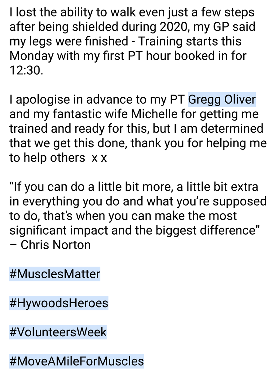 MusclesMartin's tweet photo. Everyone is always asking so here it is in pictures and words...
The biggest challenge of my life!
To defy the experts and walk once more.
#MusclesMatter
#MoveAMileforMuscles
#VolunteersWeek
https://t.co/WhOfvPhOKQ https://t.co/v4Likxy8Zn