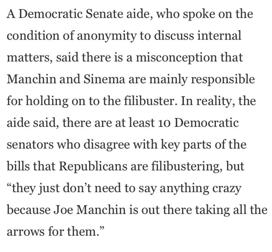 On the left: the tactic I described in 2011 Dems use to trick their supporters to believe they are trying hard to get good things done but, gosh darn, are just failing.

On the right: Dems admitting Manchin &amp; Sinema have numerous Dem allies who want things blocked but stay quiet: