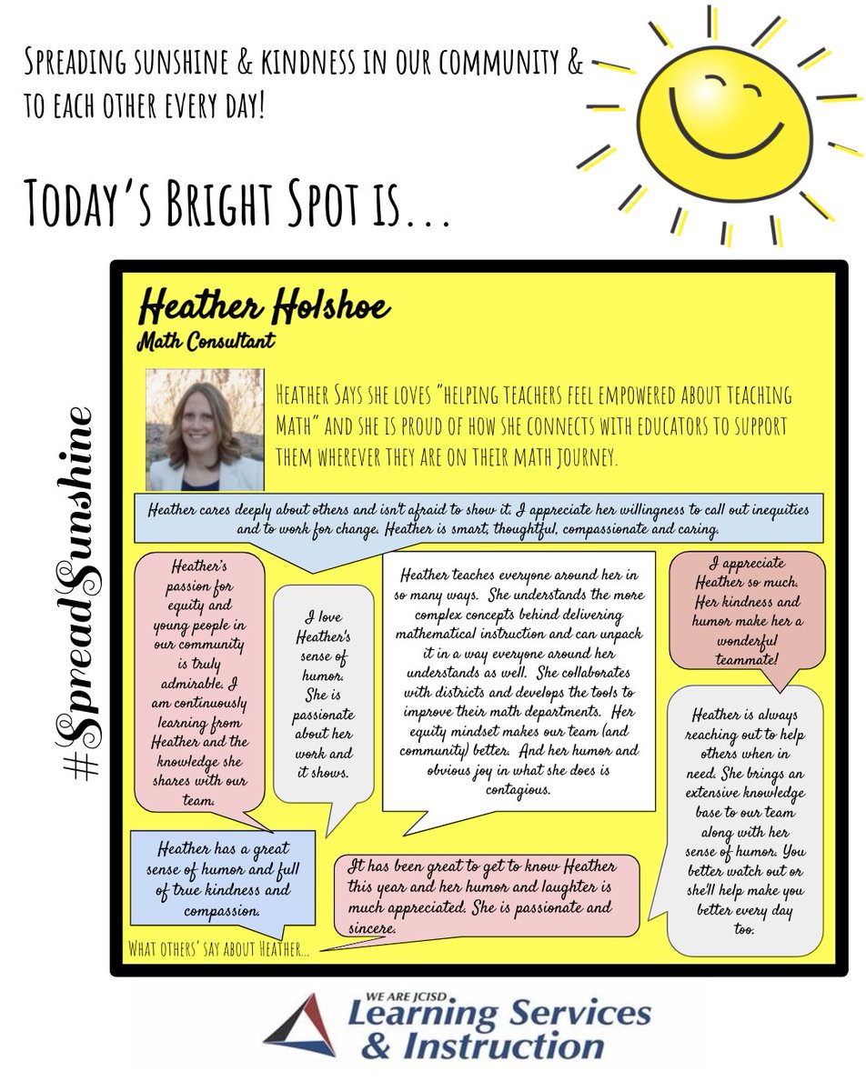 TovahSheldon's tweet image. JCISD is full of incredible individuals making a difference. One bright spot is Heather Holshoe.  Heather brings passion &amp;amp; a growth mindset to mathematics, our team, Jackson county educators &amp;amp; our community!  Heather lives her why every day, every way possible! #spreadsunshine