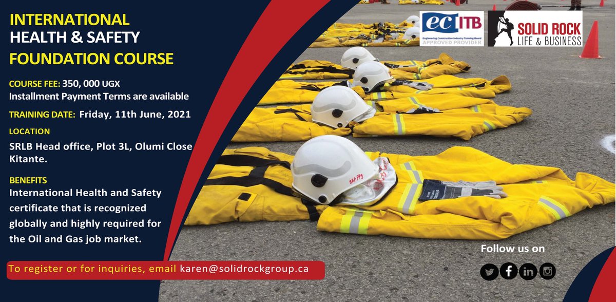 Did you know that a high percentage of the opportunities in the Oil and Gas job market require you or your personnel to have International Health and Safety awareness and Certification? #Tusiimbule today and sign up for this HSE training certified by ECITB.