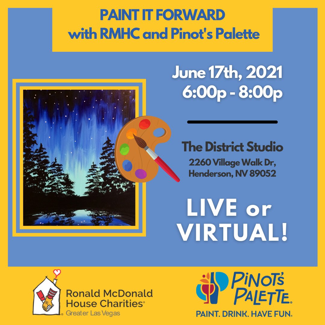 RMHCLasVegas's tweet photo. Support #RMHCLasVegas families by painting with us! Joins us June 17th at 6pm for a Paint it Forward event hosted by @PinotsVegas. Half the $39 class fee is donated to the Las Vegas Ronald McDonald House. Register here: https://t.co/Ujo6cdyKpg https://t.co/dBWiEQEQ7I