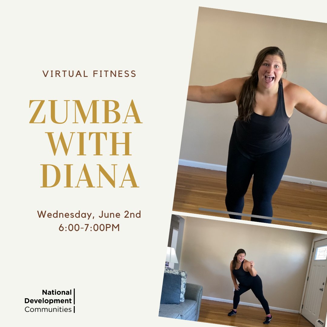 ND Communities will be hosting a virtual fitness class Wed. 6/2 @ 6:00 PM. Get ready for a challenge with Diana's dance workout and moves to get your heart rate up in the most fun way! RSVP via @RENTCafecom  
#ZoomClass #NDCommunities #LoveWereYouLive