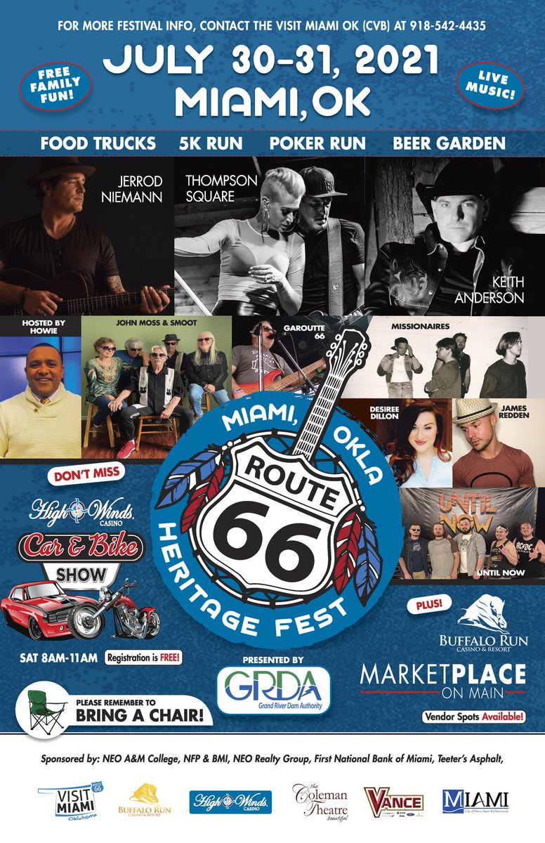 visitmiamiok's tweet photo. We are excited to release this music lineup for this #route66 festival!  We need more food trucks and beer vendors.  Download the forms at https://t.co/g1QmFMH7mh and click on the Route 66 link on the website! 
@OKCraftBrewers @DrinkCraftBeer @360GrandLake @historic66 @TravelOK https://t.co/cdMQJYuUYg