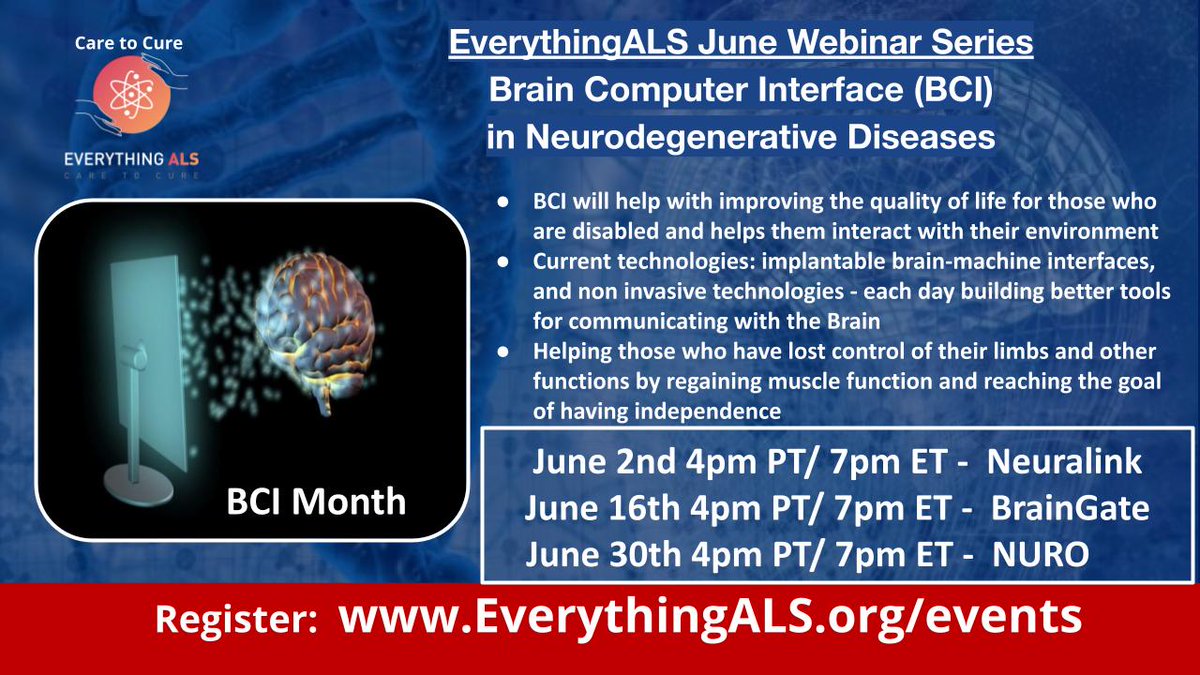 LMDeegan's tweet photo. BCI Webinar Series You Won't Want to Miss!:  @neuralink, @BrainGateTeam and @nuro_corp!
They want to share AND hear from you!
Join us:  https://t.co/HuaHD5pzdw
Send Questions:  info@everythingALS.org
#AI #braincomputerinterface #MND #paralysis #everythingals @everything_als https://t.co/mFZzfghiSA