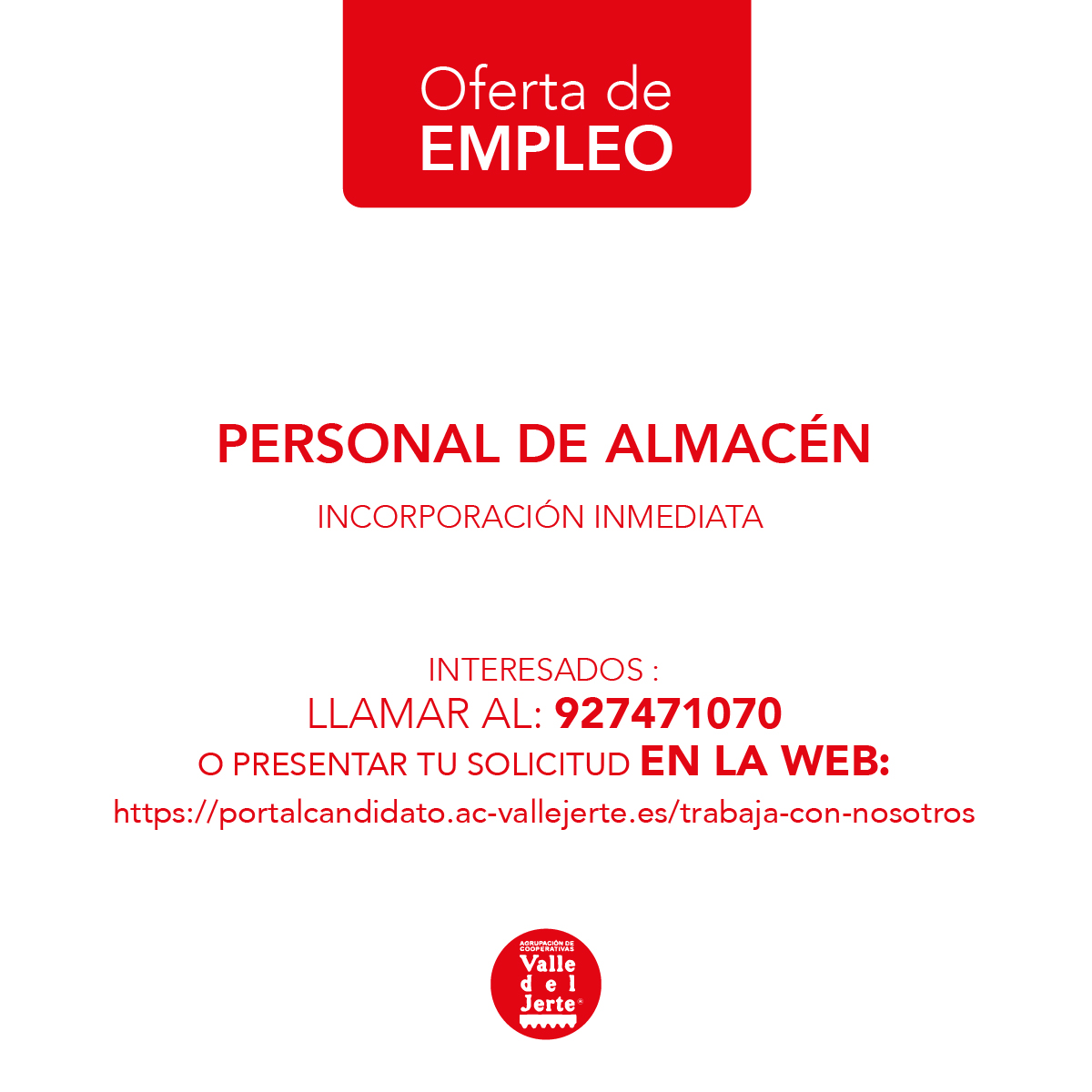 🍒❗ SE NECESITA PERSONAL DE ALMACÉN, con incorporación inmediata 🍒❗ Si estás interesad@ puedes llamarnos al 927471070 o hacernos llegar tu solicitud a través de la web: portalcandidato.ac-vallejerte.es/trabaja-con-no…