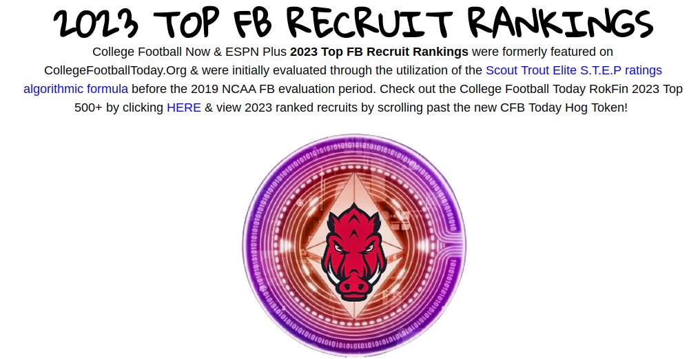 CollegeFBToday's tweet photo. College Football Today &amp; ESPN Plus 2023 Top 500+ FB recruit rankings has a new home page on College Football Now! 

https://t.co/9fVmj1r6gl

#Classof2023 #recruitment #CFB #hogfbchat https://t.co/2AiNhZ5DcG