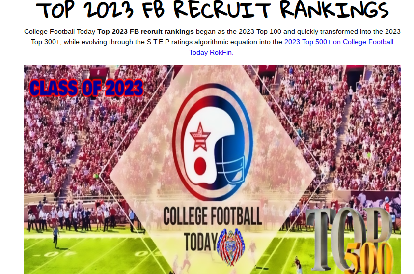CollegeFBToday's tweet photo. College Football Today &amp; ESPN Plus 2023 Top 500+ FB recruit rankings has a new home page on College Football Now! 

https://t.co/9fVmj1r6gl

#Classof2023 #recruitment #CFB #hogfbchat https://t.co/2AiNhZ5DcG