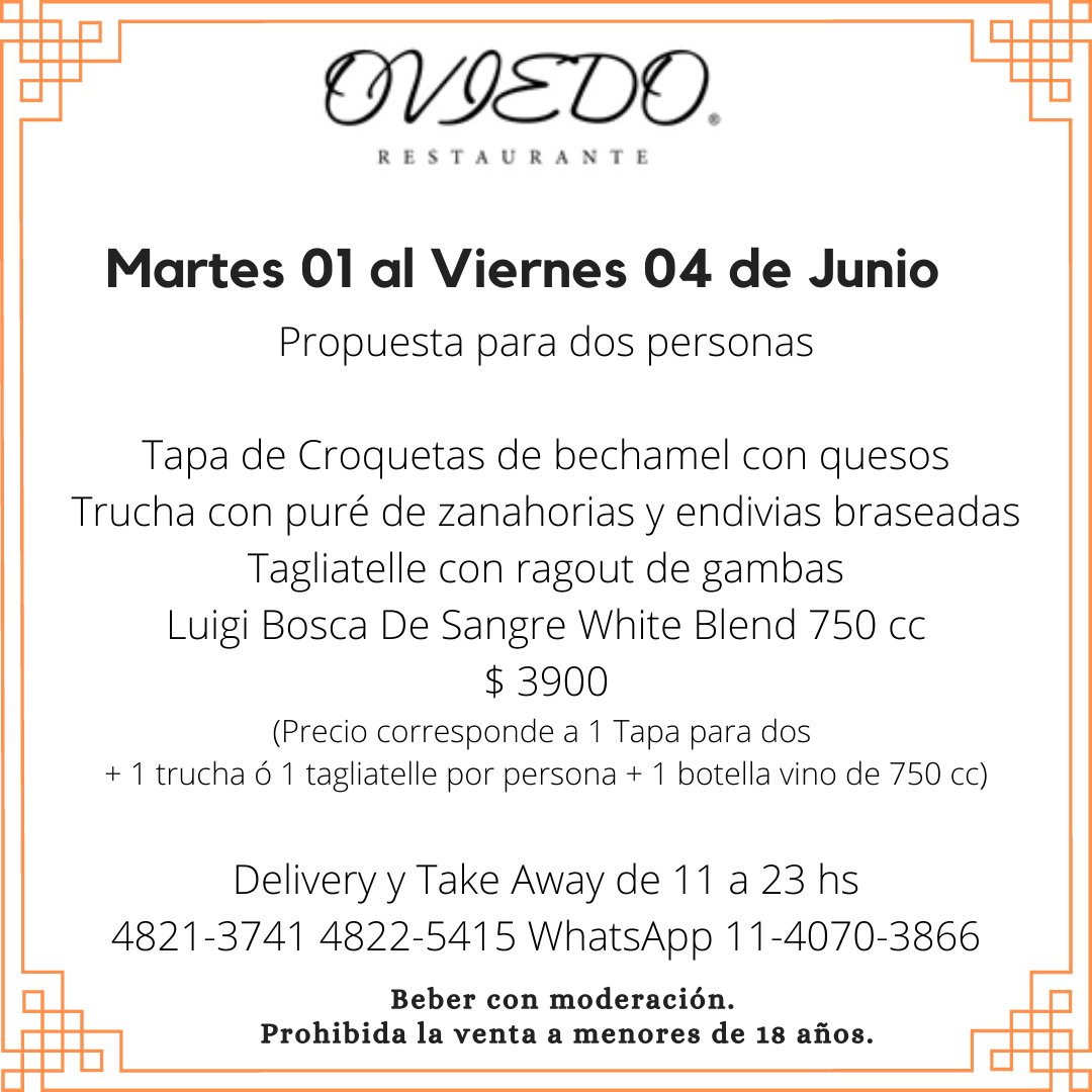 01 al 04 de Junio
Tenemos dos propuestas para 2 personas con vinos de <a href="/LuigiBoscaBodeg/">Bodega Luigi Bosca</a> 
No te lo pierdas, comes rico y probas los vinos de la nueva línea De Sangre
Delivery y Take Away  11 a 23 hs
4821-3741 4822-5415 WhatsApp 4070-3866