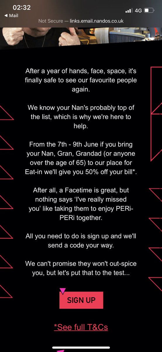 bearfacedmedia's tweet photo. @NandosUK being insensitive wow anything for a publicity stunt for those that grandparents are no longer alive and those who family have been affected by the pandemic. Rethink your words and how they affect people’s emotions #poorcustomerservice #poorchoiceofwords https://t.co/1KbCJXQ8JR