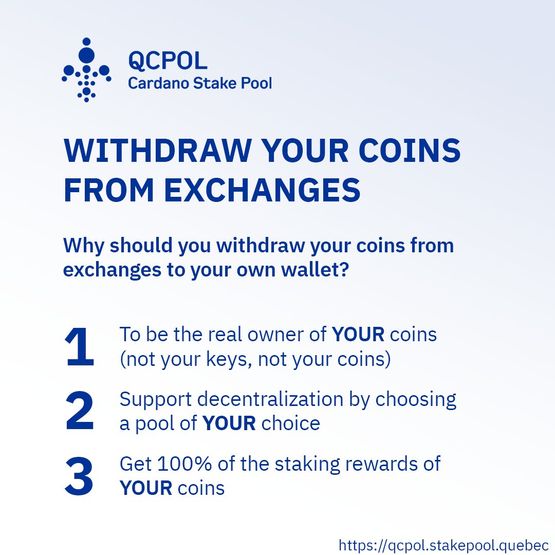 QCPOLstakepool's tweet photo. Seriously, withdraw your coins from exchanges!

#cardano $Ada #stakepool #stakecanadian #stakequebec https://t.co/E8MrLNHc6o