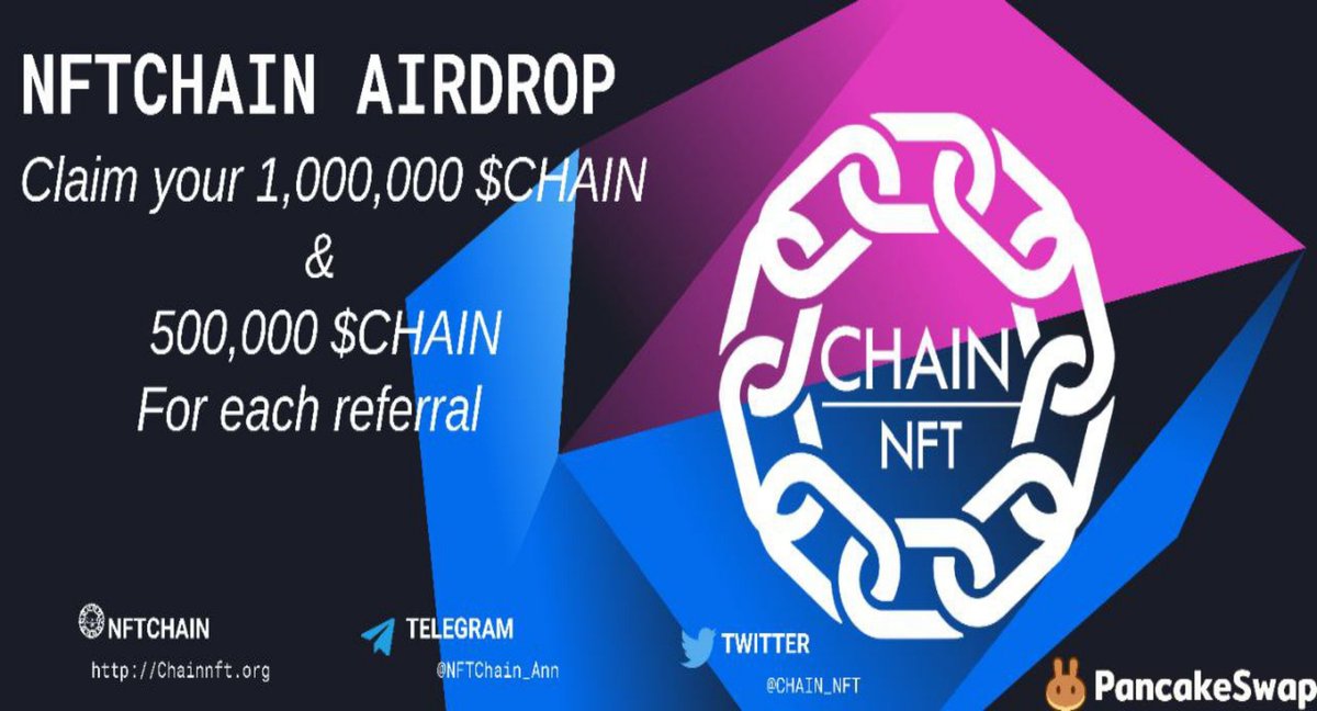 🔥 NFTChain #Airdrop (NFTCHAIN) ⭐️⭐️▪️ 2/3 stars 💸 Get 1,000,000 NFTCHAIN ➕ 500,000 NFTCHAIN per Referral 🚀 Airdrop Link: chainnft.org/airdrop/klaim.… • Follow me and @Chain_NFT • Like and Retweet this Tweet 🌐 About NFTChain: Visit – chainnft.org