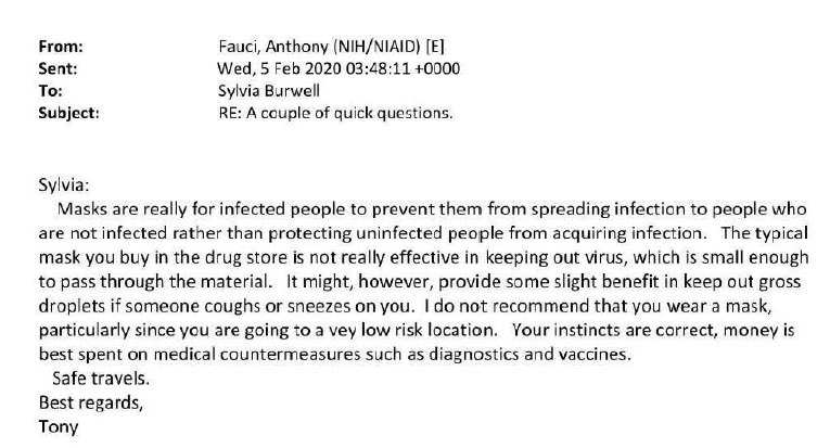 #Fauci says masks aren’t needed unless you’re sick and notes the #SARS_CoV_2 is so small it passes easily between #mask fibers #Fauciemails