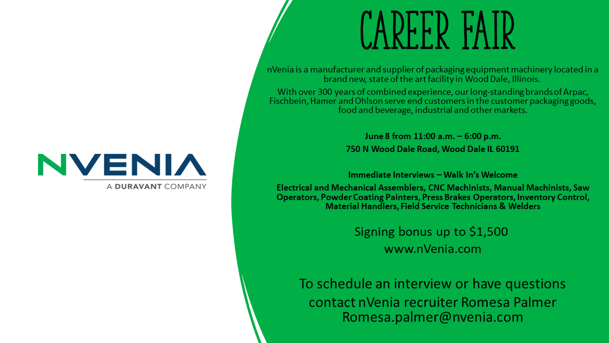 ArpacGroup's tweet photo. We are #hiring and are so proud of our new facility that directly ties to the #innovation nVenia brings to the #packaging industry. We're hosting our first #careerfair next Tuesday, June 8th! Schedule an interview or join us as a #walkininterview. https://t.co/pAjJhShFQo