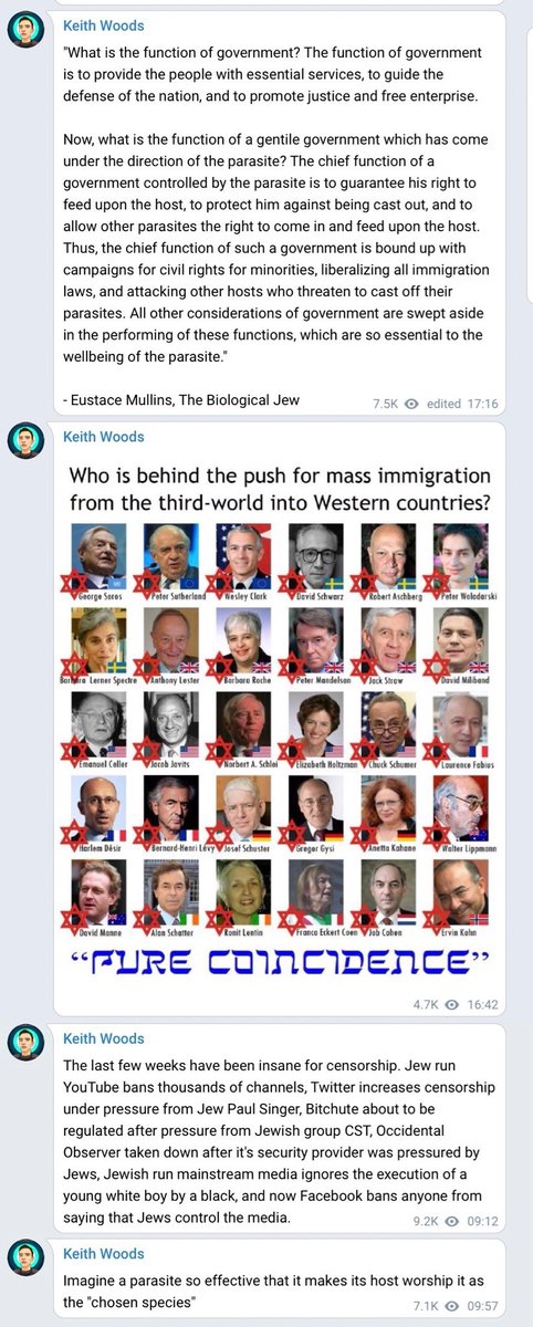 A screenshot of Keith Woods' telegram posts, including things like "What is the function of a gentile government which has come under the direction of the parasite? The chief function of a government controlled by the parasite is to guarantee his right to feed upon on the host - Eustace Mullins, The Biological Jew", "Who is behind the push for mass immigration from the third world into western countries," with pictures of men with stars of david on them; posts about "Jew run youtube banning thousands of channels"