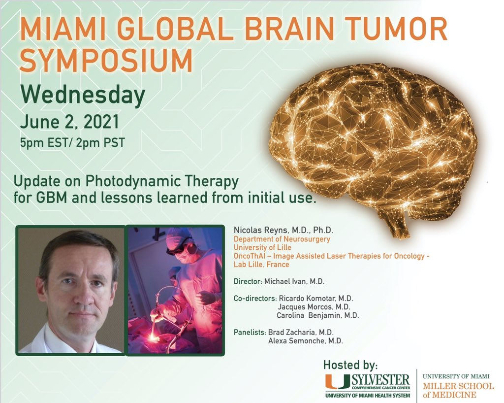 Join us tomorrow to hear the latest on #photodynamictherapy for #glioblastoma w. Dr. Reyns from <a href="/CHU_Lille/">CHU de Lille</a> 🙌🧠. #neurosurgery #gbm <a href="/HemerionTx/">Hemerion Therapeutics</a> <a href="/oncothai/">OncoThAI</a> #pdt <a href="/UMneurosurgery/">UM Neurosurgery</a> <a href="/Asemonche/">Alexa Semonche</a> <a href="/bez2103/">Brad Zacharia MD</a> <a href="/NeurosurgUCSF/">UCSF Neurosurgery</a> <a href="/JNeurooncol/">Journal of Neuro-Oncology</a> <a href="/NeuroOnc/">SNO</a> <a href="/NSTumorSection/">NS Tumor Section</a> <a href="/gbmfoundation/">GBM Foundation</a>