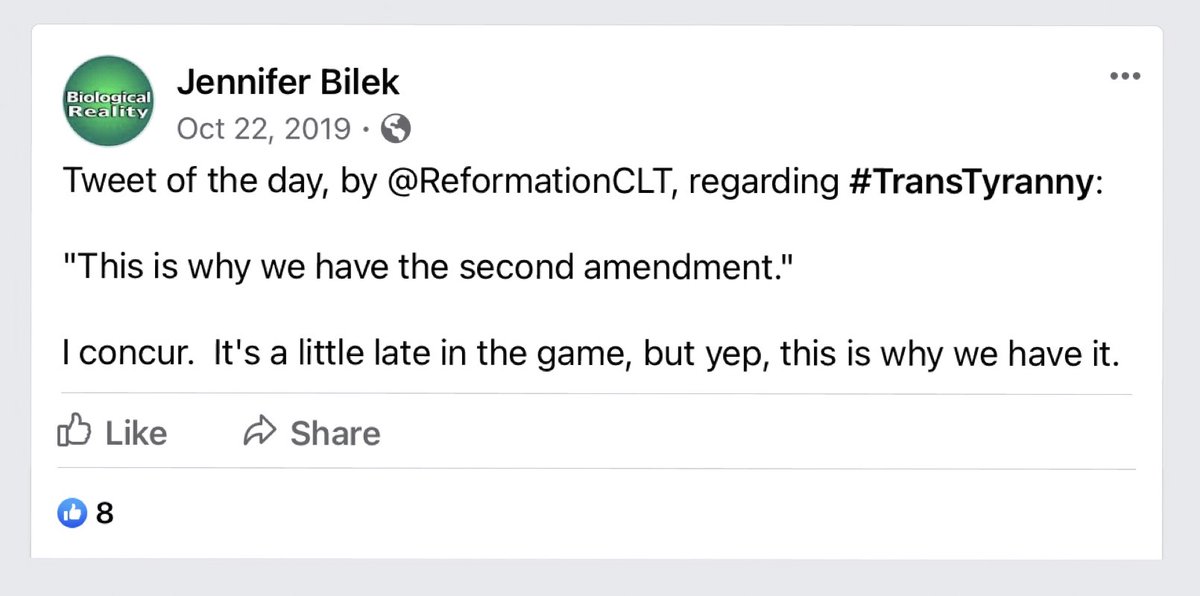 Bilek facebook post: 

"Tweet of the day, by @ReformationCLT, regarding #transtyranny:
"This is why we have the second amendment."
I concur. It's a little late in the game, but yep, this is why we have it."