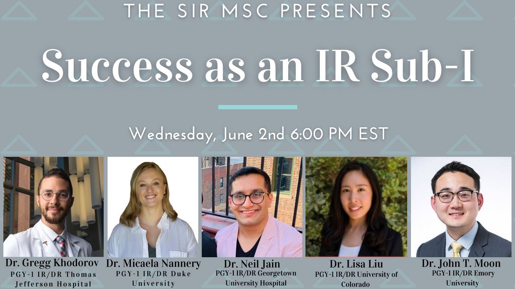 Join us on Wednesday, June 2nd at 6:00 PM EST for the Success as an IR Sub-I. This incredible panel will share their experiences and advice, with a Q&amp;A session to follow.
Registration Link: attendee.gotowebinar.com/register/20508…

#TwittIR #MedTwitter #MedStudentTwitter #IRad #SIR