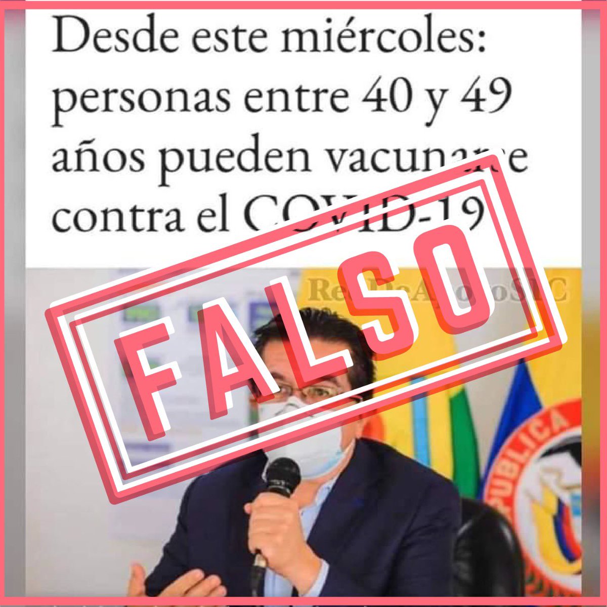 MinSaludCol's tweet photo. No es cierto que ya se esté vacunando contra la COVID-19 a todas las personas entre 40 y 49 años. La población que se está vacunando, entre 16 a 49 años, es aquella que pertenece a la cuenta de alto costo con comorbilidades. Verifica siempre la información en canales oficiales. https://t.co/2nOnVY4zdp