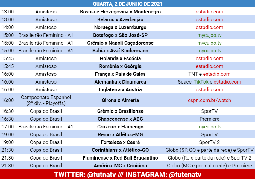 Futebol na TV on X: A programação do futebol nesta quarta.   / X