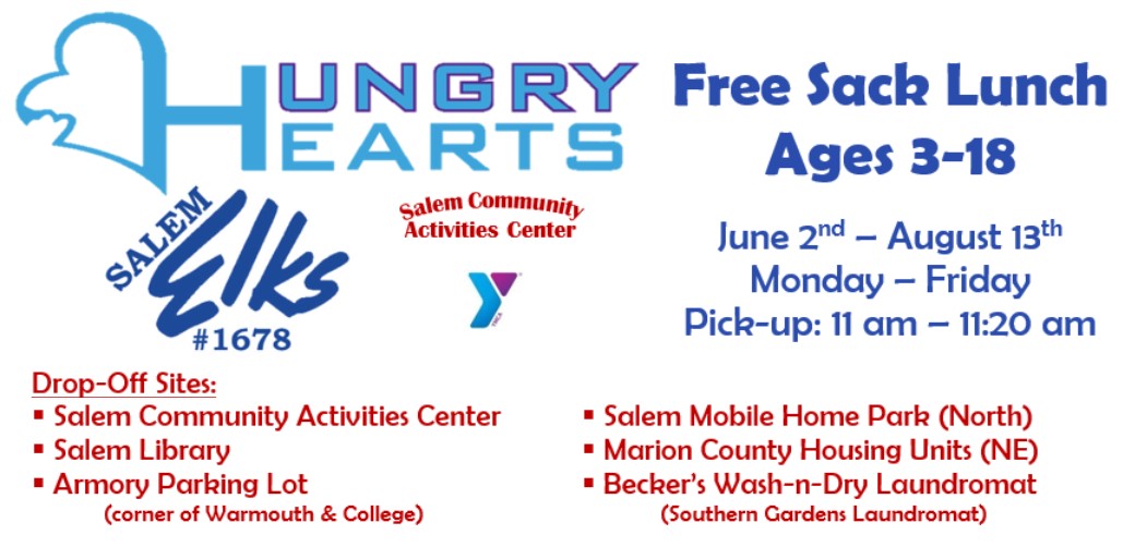 The Hungry Hearts summer lunch program will begin on Wednesday, June 2nd! All you have to do is show up at one of the following sites between 11:00-11:20 am. Look for the Hungry Hearts signs!