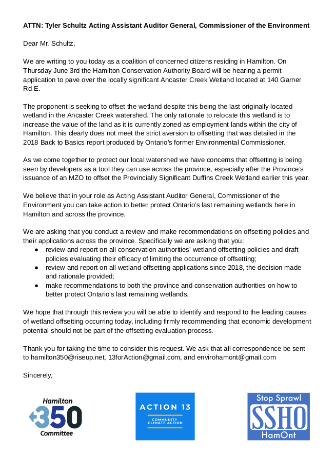 Hamilton_350's tweet photo. Today Hamilton 350, @13forAction and Stop Sprawl HamOnt wrote to Ontario's Environmental Commissioner asking for help in protecting #wetlands across #Ontario from developers.
#Hamont #conservationwatch #conservationmatters #savedontpave #yourstoprotect https://t.co/IHdLp44YI4