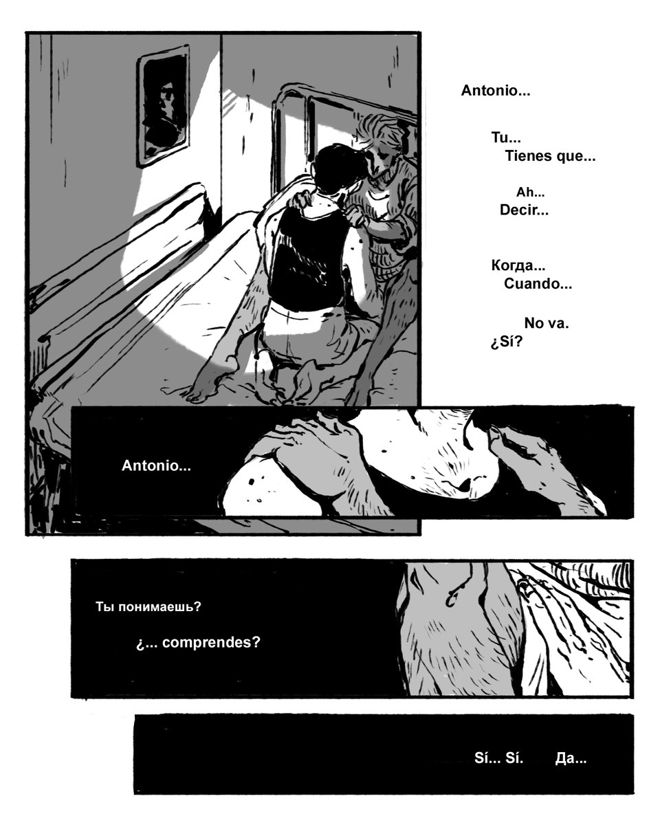 ChachaTortuga's tweet image. comic about my characters, and how they deal with injuries, trust and language barrier
(1/2)