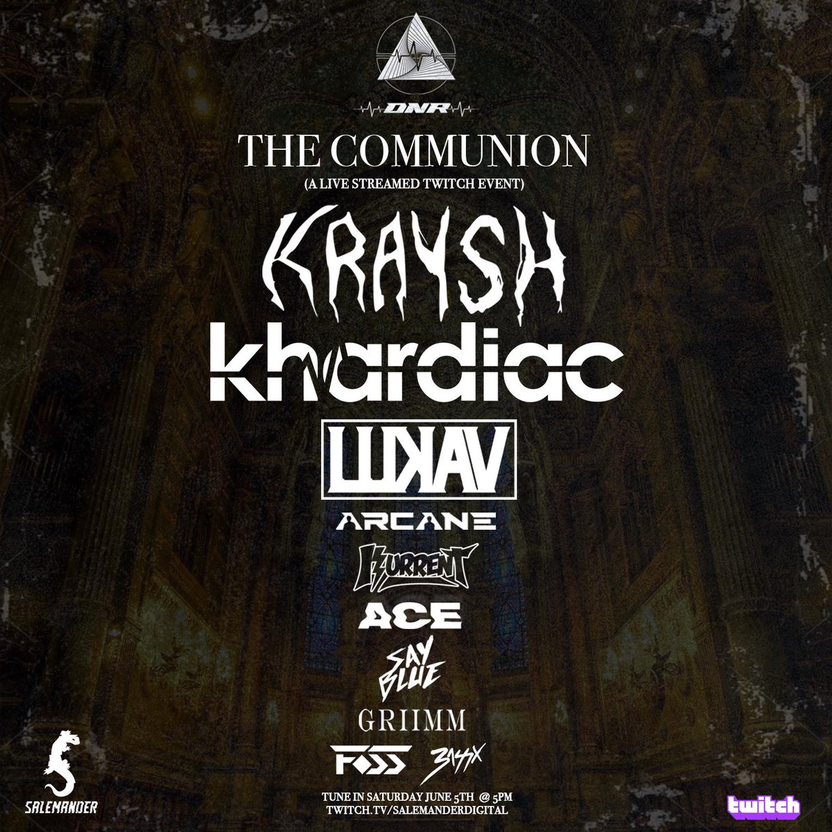 Stoked to help out the <a href="/ProductionsDnr/">DNR Productions</a> and @salemndrdigital squad this Saturday! Live stream set times TBA! Featuring <a href="/kraysh_/">Andrew</a> / <a href="/khardiac_/">KHARDIAC I خطاب</a> / <a href="/LukavMusic/">LUKAV</a> / <a href="/Arcaneaudio_/">ARCANE</a> / <a href="/IAMFOSS/">⚔ FOSS ⚔</a> b2b @3assX / <a href="/iamkurrent/">Kurrent</a> / ACE / <a href="/saybluemusic/">SAYBLUE</a> / @producedbygrimm 🔥

💀Twitch.tv/salemanderdigi…