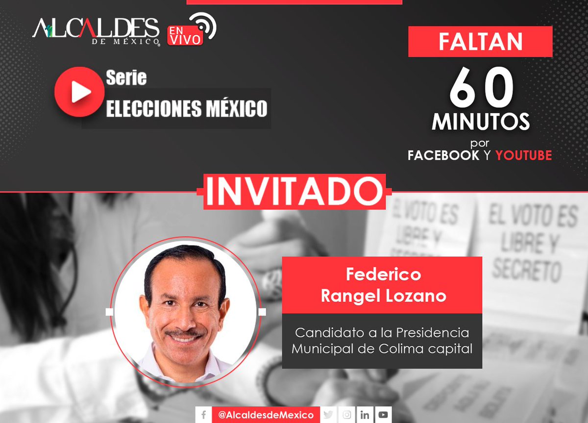 Hoy en #EleccionesMéxico por #AlcaldesEnVivo, platicaremos con <a href="/rangellfederico/">Federico Rangel</a>, sobre el panorama en Colima, rumbo a las #Elecciones2021MX    

#FBLive: bit.ly/3uHbQRS       
#YouTube: bit.ly/3odScKq