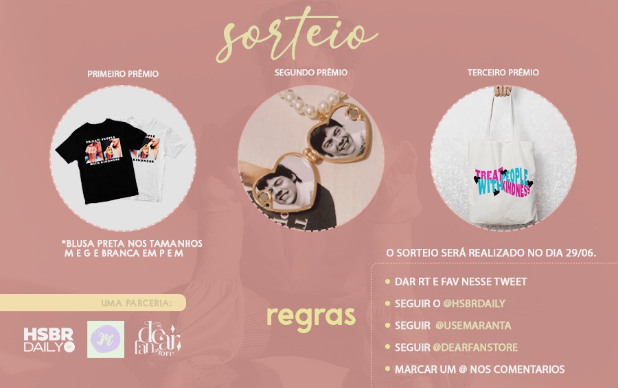 ALERTA DE SORTEIO

Nós, em parceria com a <a href="/usemaranta/">M A R A N T A</a> e <a href="/dearfanstore/">dfs</a>, iremos presentear 3 de vocês em comemoração aos nossos 10 mil seguidores e ao aniversário de 1 ano do portal! As informações e regras estão no banner abaixo. O sorteio será realizado no dia 29/06! Boa sorte 💙