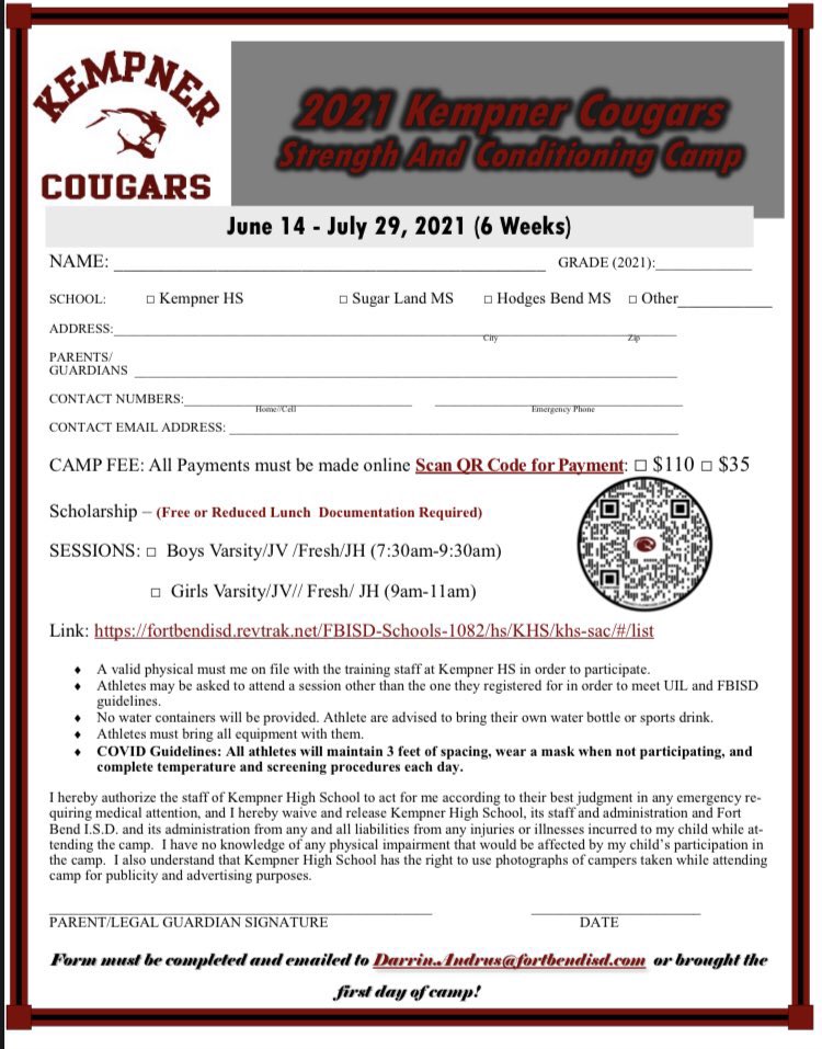 Strength and Conditioning camp starts in just 13 days! Are you registered? Make sure you sign up below and have a current up to date physical! fortbendisd.com/cms/lib/TX0191…