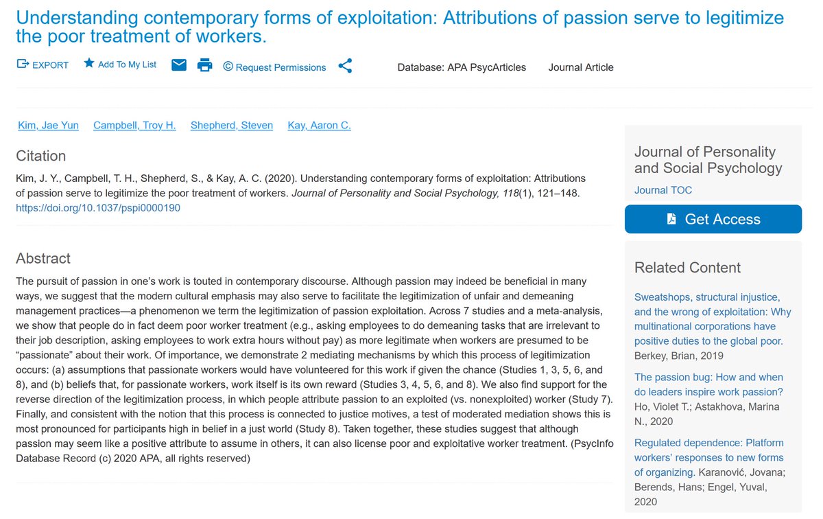 This paper shows why creative industries can have such bad conditions: think crunch time in video games or terrible internships in publishing & fashion. The public is OK with exploitation when they think workers are passionate & “love their job” since they should be happy to work