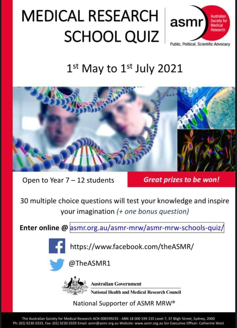 The @TheASMR1 does great work to advance science in Australia. Now they have a Medical Research School Quiz ongoing for Year 7-12 students until the 1st of July 2021. Have a look!

#SafeVillage #medicalresearch #schoolquiz #scienceforkids 
hubs.la/H0PpccT0