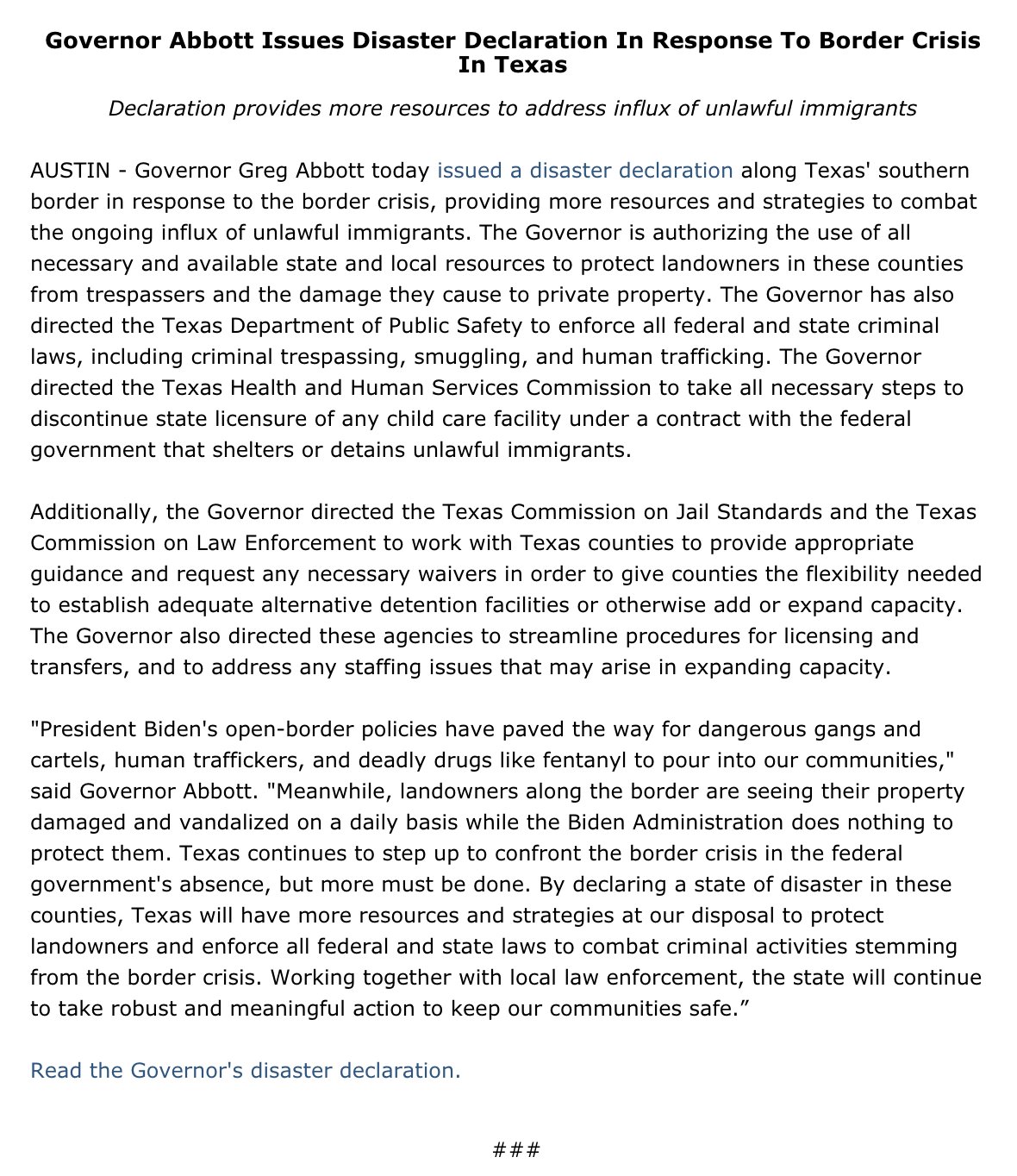 Greg Abbott on Twitter: "I issued a disaster declaration along Texas