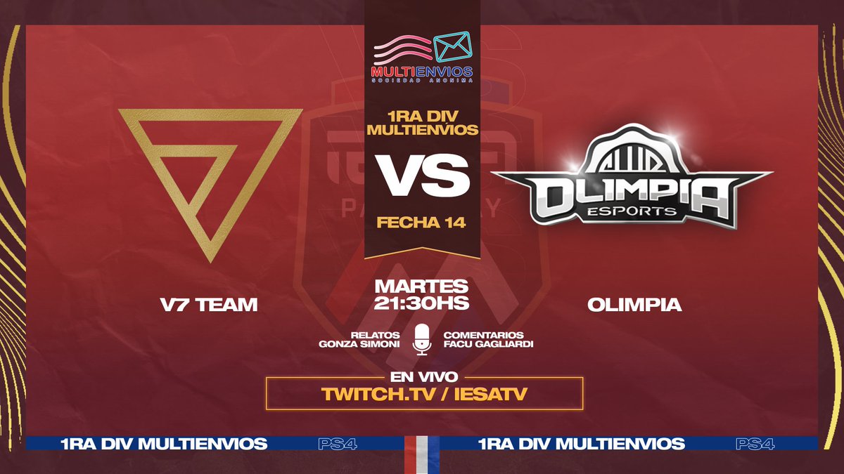 JUEGA EL LÍDER 💪🏼🔥

<a href="/esports_olimpia/">OlimpiaESports</a> visita a su perseguidor más cercano <a href="/v7eam/">V7 Team</a> y buscará estirar la ventaja de 6 puntos que ya tiene en #IESAPrimera Multienvios 🙌🏼

🕤 21:30hs 🇵🇾 
🎙 <a href="/gonzasimoni/">gonzasimoni_</a> <a href="/Gagliardi_Facu/">Facu Gagliardi</a> 
👉🏼 Twitch.tv/iesatv