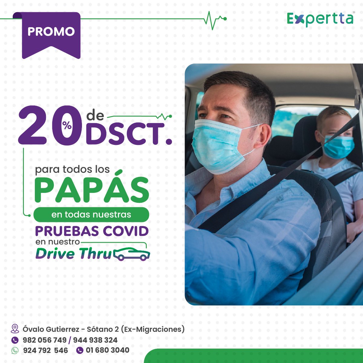 ExperttaSalud's tweet photo. Por el mes de papá 🙋‍♂️
20% de descuento en TODAS NUESTRAS PRUEBAS #COVID 
📍 Óvalo Gutiérrez - Miraflores (Sótano 2) Ex Migraciones.
📲Escríbenos: https://t.co/5IIigzbBEt

#ExperttaSalud #ExperttaDriveThru #ExperttaLab #PruebasCovid #PruebasAntigeno #PruebasMoleculares https://t.co/DRY9Ia1efk