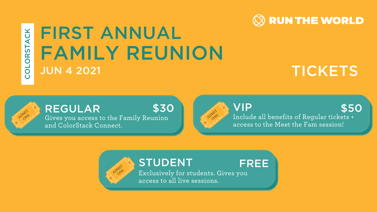 colorstackorg's tweet photo. 3 days left for our First Annual Family Reunion! Have you gotten your tickets yet?😳 If you haven't, here is a reminder on what perks each type of ticket has! Visit our website in our bio to learn more and purchase tickets! https://t.co/Jo73ZKOfVH