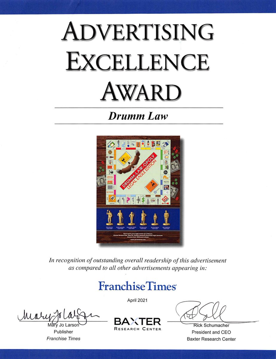 DrummLaw's tweet photo. Year after year Mike works hard to create exciting new Legal Eagle ads to really make us stand out from other Law Firms with our different approach to legal services. We are so honored to win the Franchise Times Advertising Excellence Award.

#DrummLaw #FranchiseTimes #LegalEagle https://t.co/QOkmfAQQkg