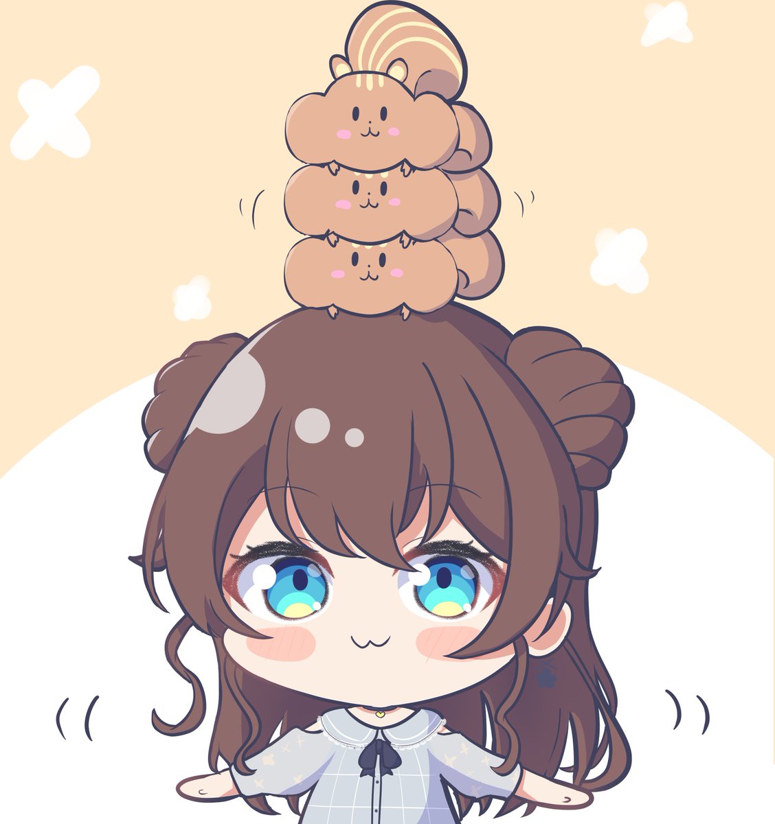 natsuiro matsuri 1girl :3 brown hair chibi on head double bun blue eyes  illustration images