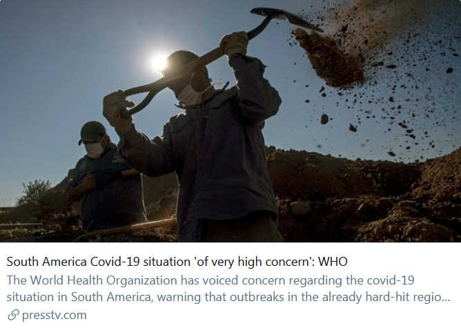 DavidLWindt's tweet image. "The situation in South America right now remains of very high concern. South America was really in a difficult situation only a couple of months ago, and that situation again is starting to turn in the wrong direction." —@DrMikeRyan

presstv.com/Detail/2021/06…