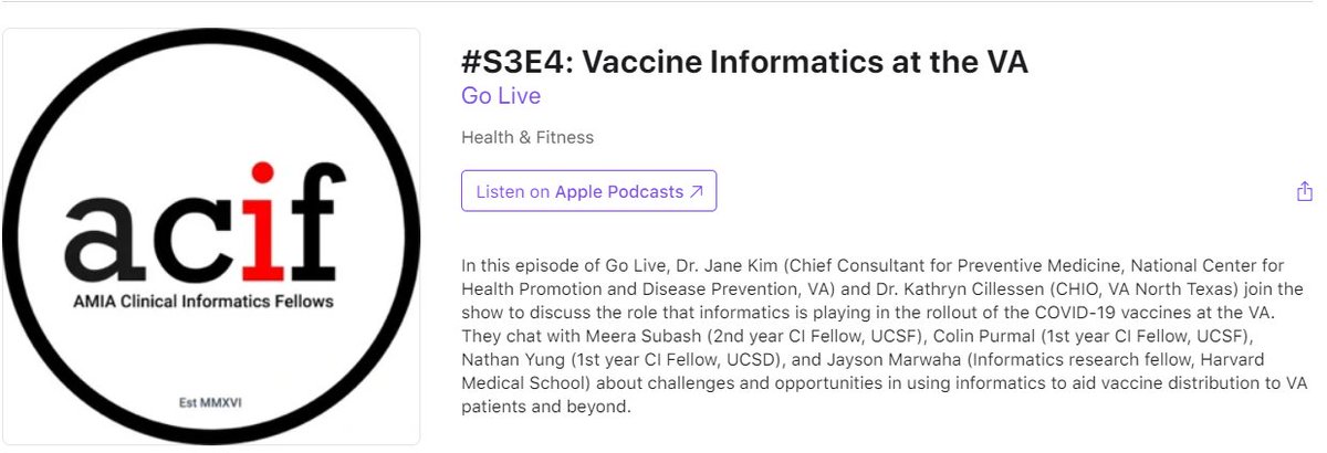 Jayson Marwaha, MD MSc (@jayson_marwaha) on Twitter photo New <a href="/ACIFellows/">ACIF</a> Go Live podcast out! Have a listen if you're curious to learn how the <a href="/DeptVetAffairs/">Veterans Affairs</a> used informatics to roll out covid vaccines to veterans and beyond, from 2 top VA docs & informaticists!
Thx <a href="/SubashMeeraMD/">Meera Subash, MD</a> <a href="/cpurmal/">Colin Purmal, MD</a> <a href="/Chaseparsons/">Chase Parsons</a> et al for your help with this! New <a href="/ACIFellows/">ACIF</a> Go Live podcast out! Have a listen if you're curious to learn how the <a href="/DeptVetAffairs/">Veterans Affairs</a> used informatics to roll out covid vaccines to veterans and beyond, from 2 top VA docs & informaticists!
Thx <a href="/SubashMeeraMD/">Meera Subash, MD</a> <a href="/cpurmal/">Colin Purmal, MD</a> <a href="/Chaseparsons/">Chase Parsons</a> et al for your help with this!