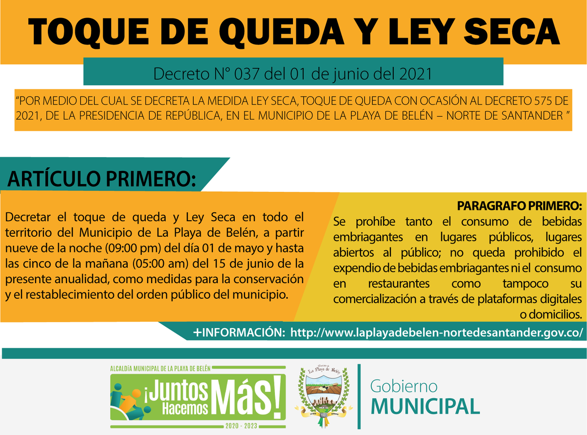 AlcLaPlaya's tweet photo. La Alcaldía Municipal decreto N°037 del 1 de junio del 2021 por el cual se decreta la medida de ley seca y toque de queda, con ocasión al decreto 575 de 2021 de la Presidencia de la República, en el municipio La Playa de Belén en Norte de Santander +Info: https://t.co/vzYUendAuE https://t.co/ixfvT5fEi3